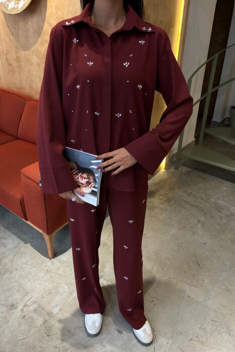ONE COLOR STONE DETAILS SHIRT+TROUSERS WOMEN SET BURGUNDY/VISHNJE - 6
