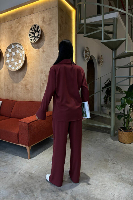 ONE COLOR STONE DETAILS SHIRT+TROUSERS WOMEN SET BURGUNDY/VISHNJE - 7