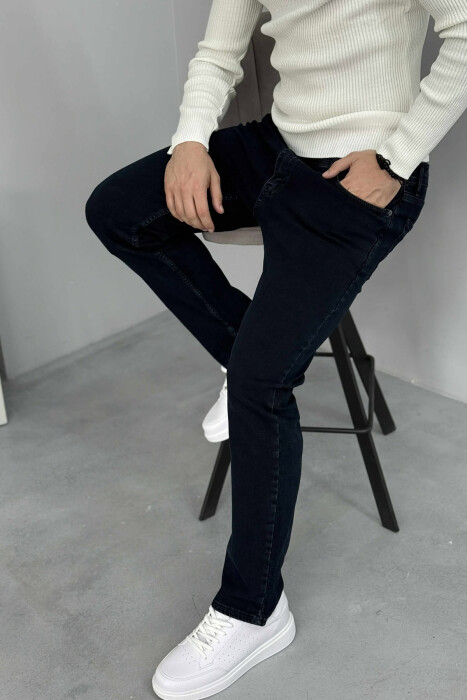 ONE COLOR STRETCHY MEN JEANS DARK BLUE/BEE - 3