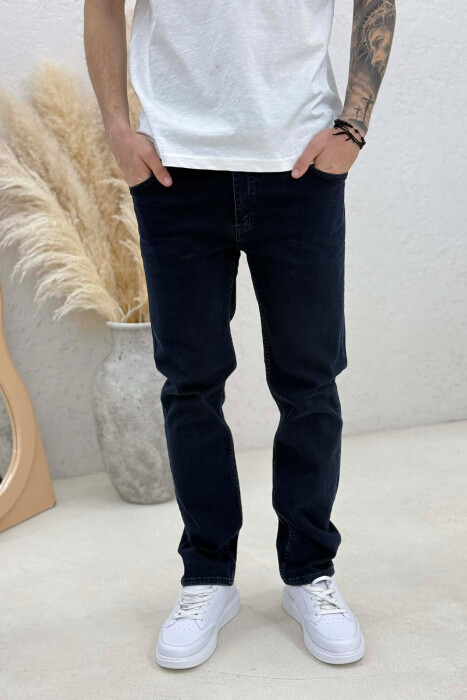 ONE COLOR STRETCHY MEN JEANS DARK BLUE/BEE - 2
