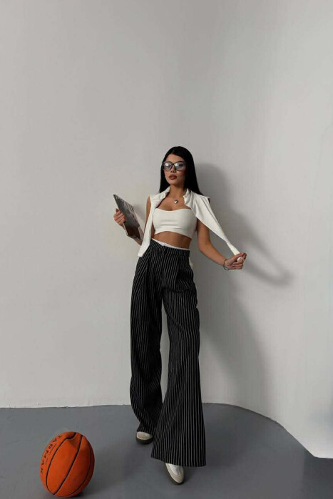 ONE COLOR STRIPE DESIGN WIDE LEG WOMEN TROUSERS BLACK/ E ZEZE - 1