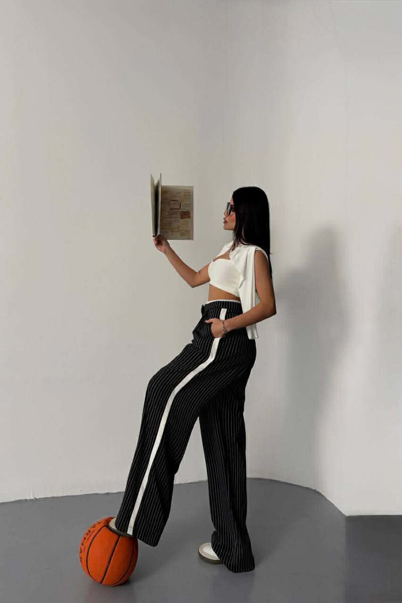 ONE COLOR STRIPE DESIGN WIDE LEG WOMEN TROUSERS BLACK/ E ZEZE - 2