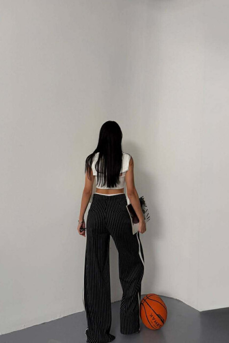 ONE COLOR STRIPE DESIGN WIDE LEG WOMEN TROUSERS BLACK/ E ZEZE - 3