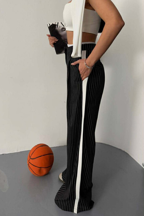 ONE COLOR STRIPE DESIGN WIDE LEG WOMEN TROUSERS BLACK/ E ZEZE - 4