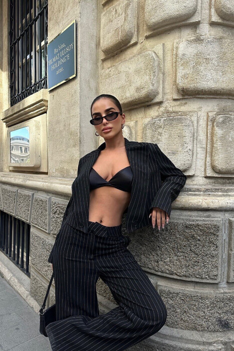 ONE COLOR STRIPED CROPPED JACKET+TROUSERS WOMEN SET BLACK/ E ZEZE - 2