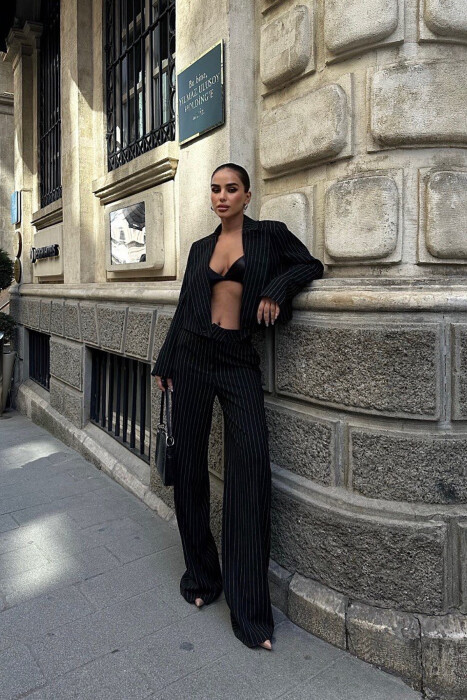 ONE COLOR STRIPED CROPPED JACKET+TROUSERS WOMEN SET BLACK/ E ZEZE - 4