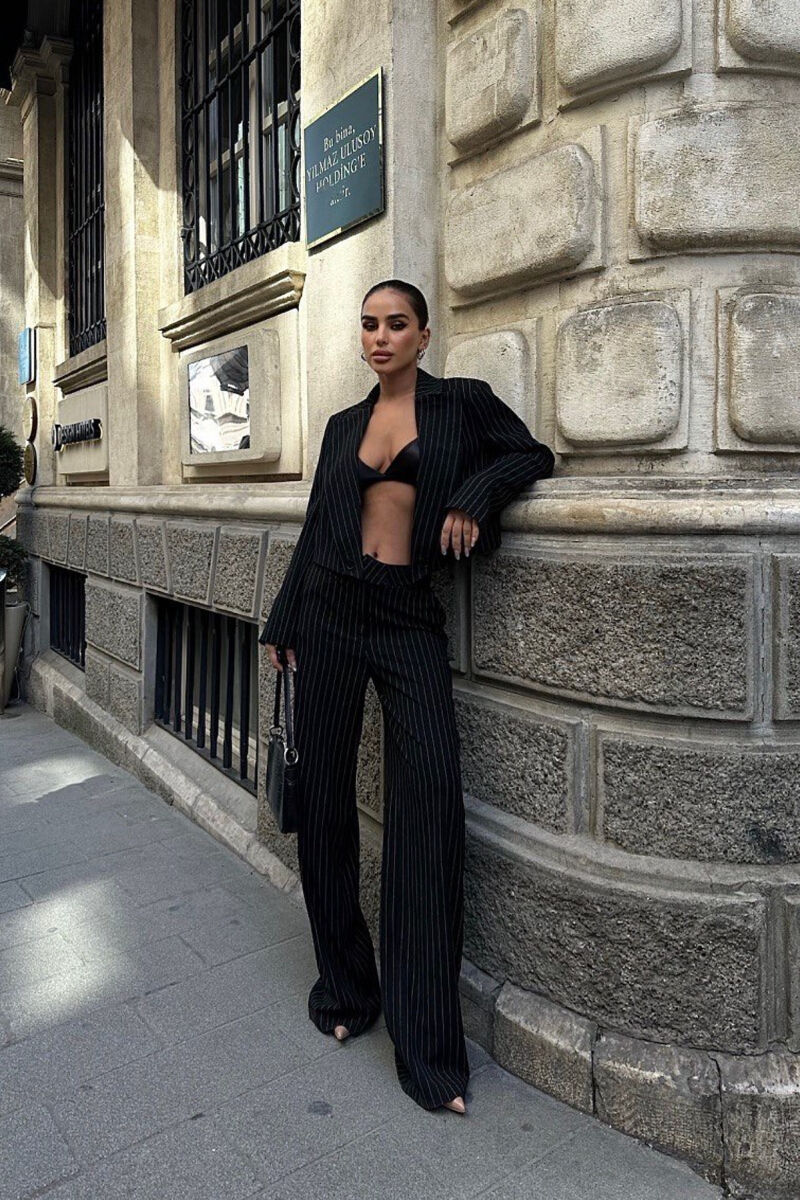 ONE COLOR STRIPED CROPPED JACKET+TROUSERS WOMEN SET BLACK/ E ZEZE - 4