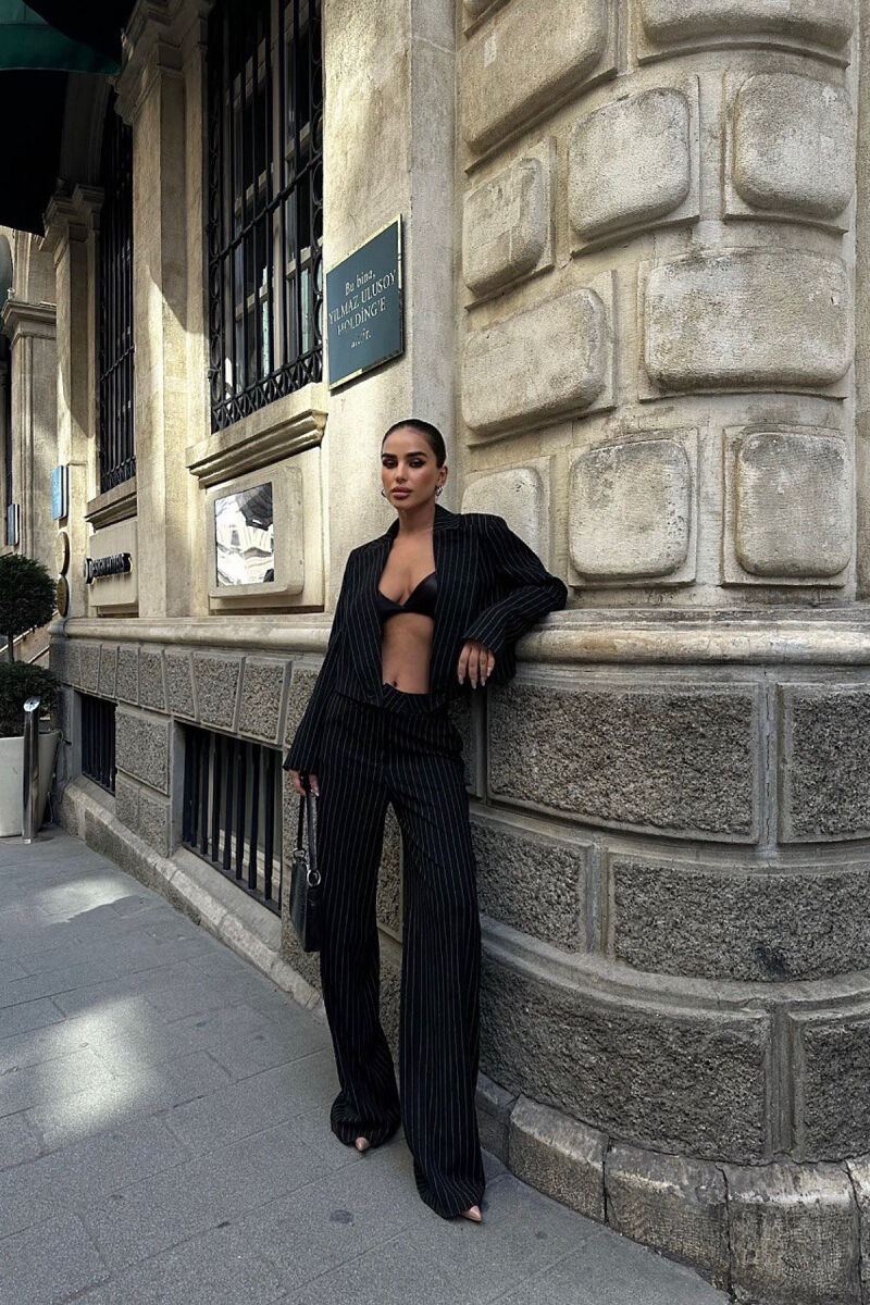 ONE COLOR STRIPED CROPPED JACKET+TROUSERS WOMEN SET BLACK/ E ZEZE - 6
