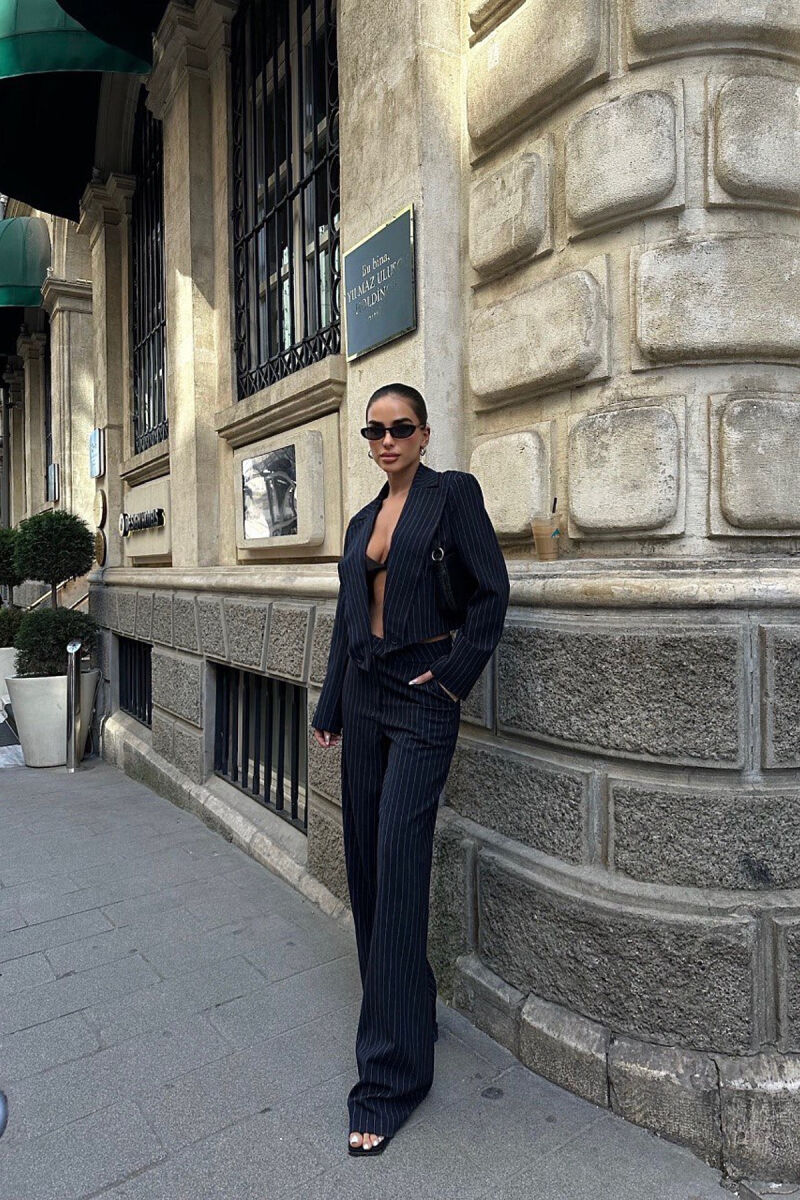 ONE COLOR STRIPED CROPPED JACKET+TROUSERS WOMEN SET DARK BLUE/BEE - 5