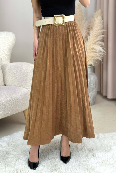 ONE COLOR SUEDE BELT DETAIL WOMEN SKIRT BROWN/KAFE - KLAUDIO FASHION