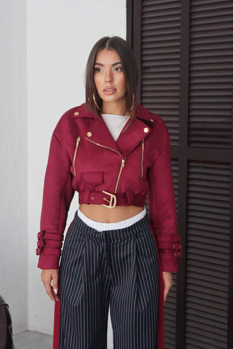 ONE COLOR SUEDE CROPPED WOMEN JACKET BURGUNDY/VISHNJE - 2