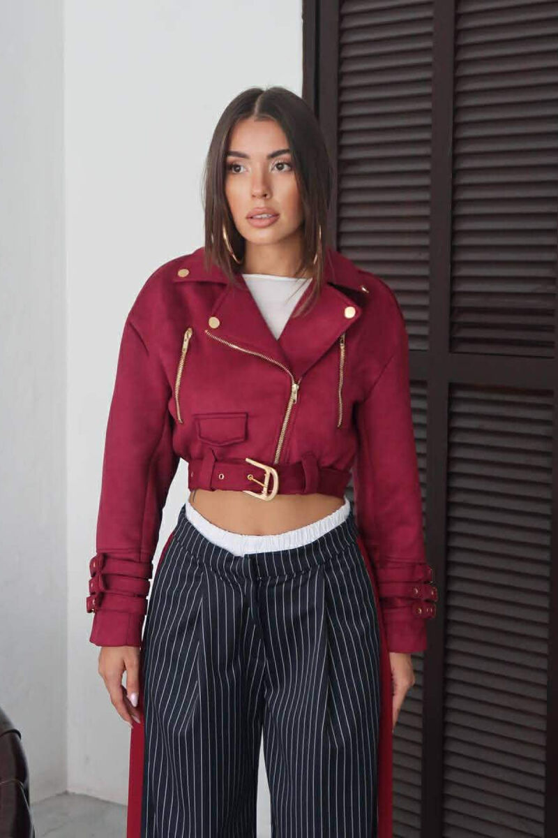 ONE COLOR SUEDE CROPPED WOMEN JACKET BURGUNDY/VISHNJE - 2