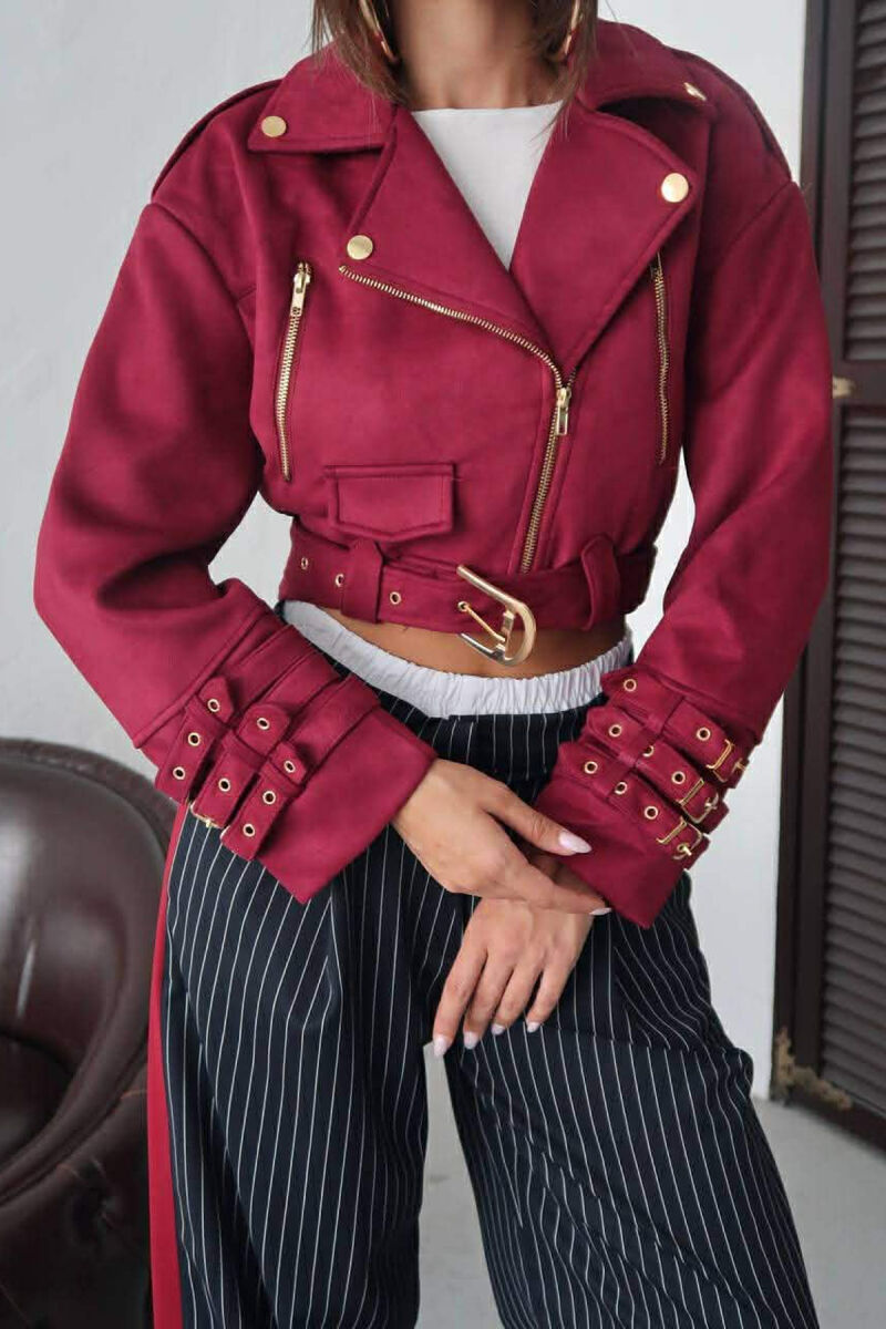 ONE COLOR SUEDE CROPPED WOMEN JACKET BURGUNDY/VISHNJE - 3