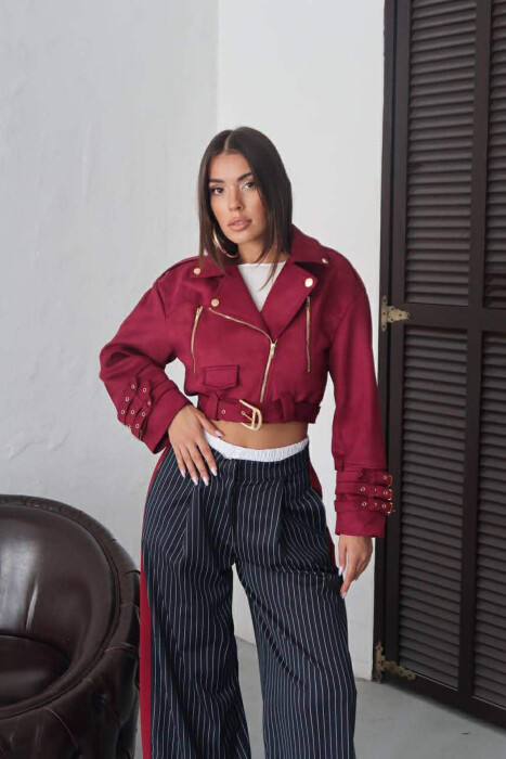 ONE COLOR SUEDE CROPPED WOMEN JACKET BURGUNDY/VISHNJE - 4