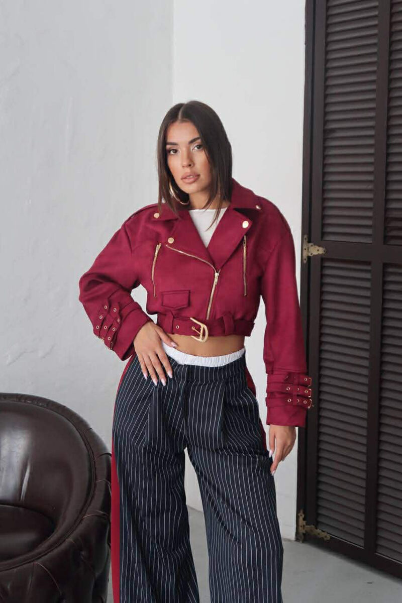 ONE COLOR SUEDE CROPPED WOMEN JACKET BURGUNDY/VISHNJE - 4