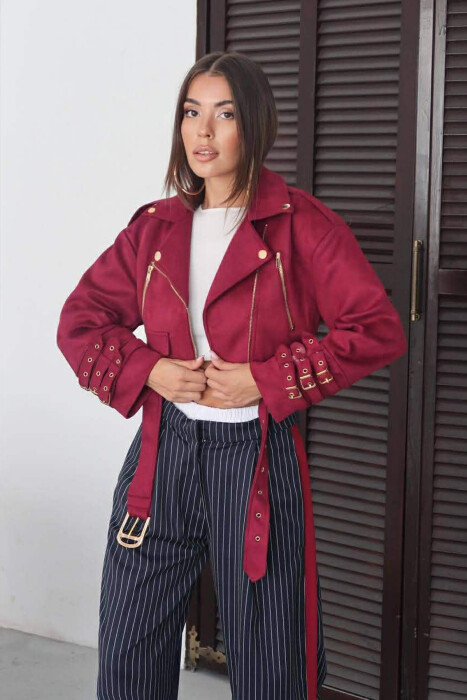 ONE COLOR SUEDE CROPPED WOMEN JACKET BURGUNDY/VISHNJE - 5
