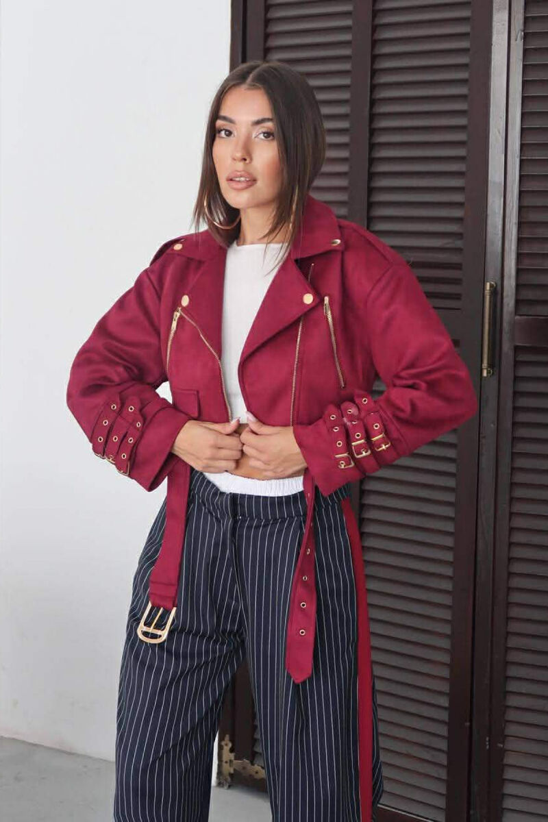 ONE COLOR SUEDE CROPPED WOMEN JACKET BURGUNDY/VISHNJE - 5