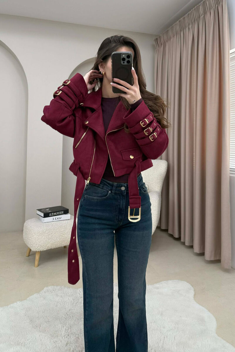 ONE COLOR SUEDE CROPPED WOMEN JACKET BURGUNDY/VISHNJE - 2