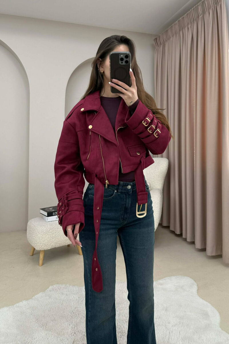 ONE COLOR SUEDE CROPPED WOMEN JACKET BURGUNDY/VISHNJE - 3