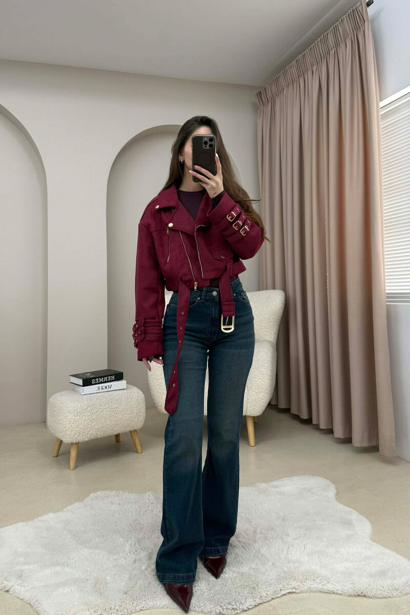 ONE COLOR SUEDE CROPPED WOMEN JACKET BURGUNDY/VISHNJE - 4