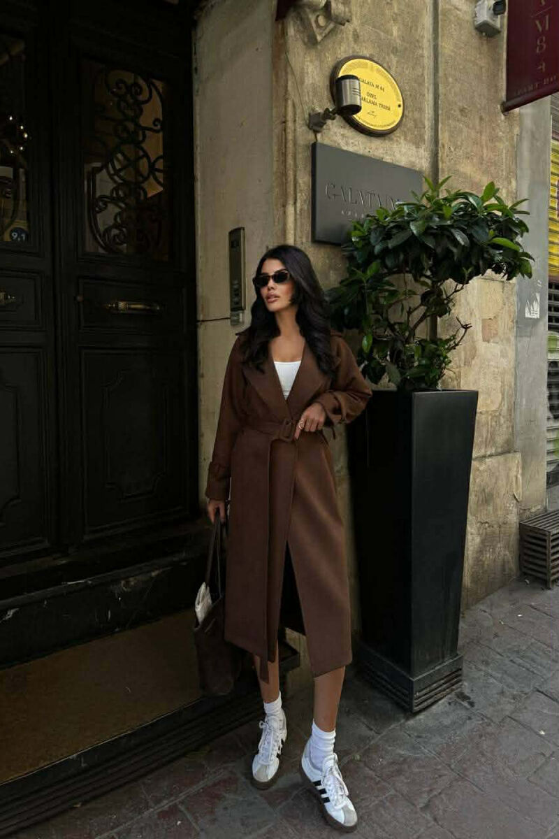 ONE COLOR SUEDE LACING DETAIL WOMEN COAT BROWN/KAFE - 1