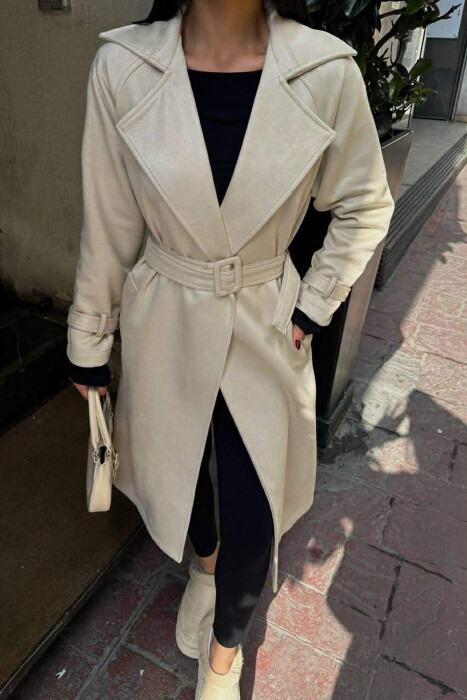 ONE COLOR SUEDE LACING DETAIL WOMEN COAT CREAM/KREM 