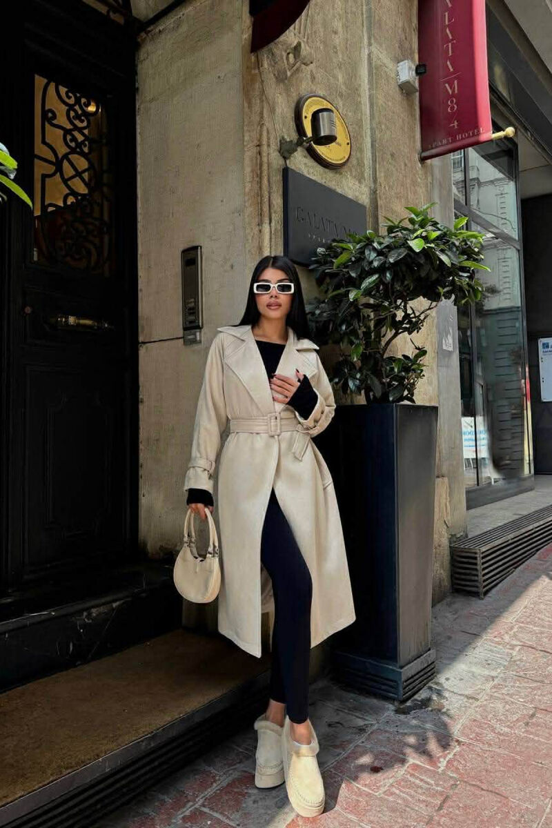 ONE COLOR SUEDE LACING DETAIL WOMEN COAT CREAM/KREM - 1