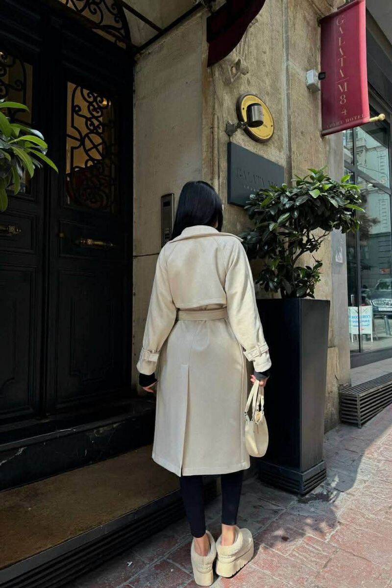 ONE COLOR SUEDE LACING DETAIL WOMEN COAT CREAM/KREM - 4
