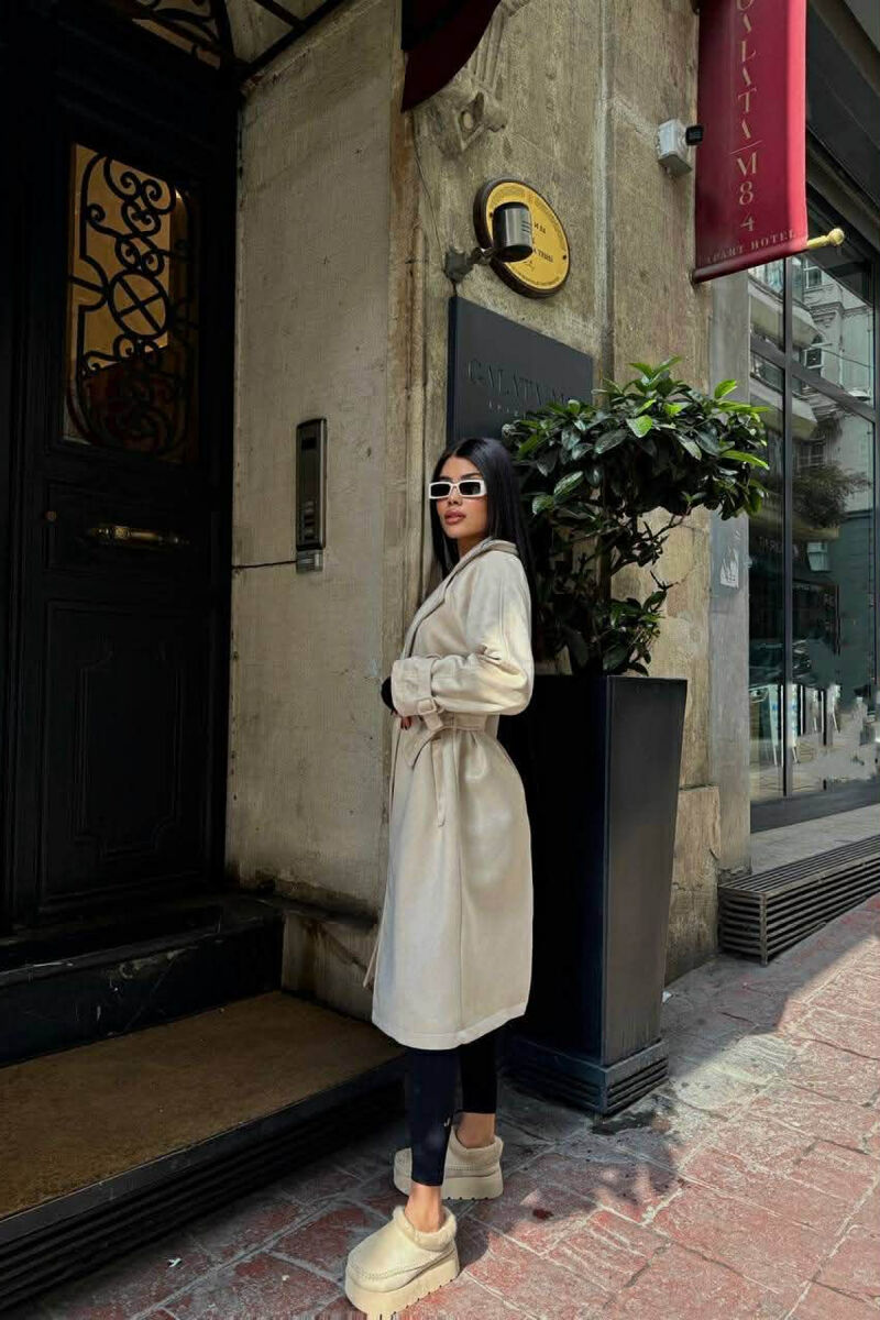 ONE COLOR SUEDE LACING DETAIL WOMEN COAT CREAM/KREM - 3