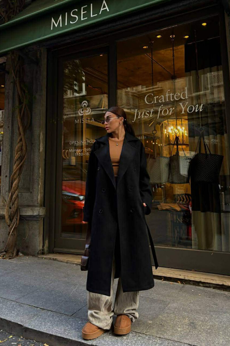 ONE COLOR SUEDE LONG WOMEN COAT BLACK/ E ZEZE - 1