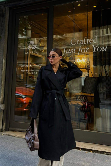 ONE COLOR SUEDE LONG WOMEN COAT BLACK/ E ZEZE - 3