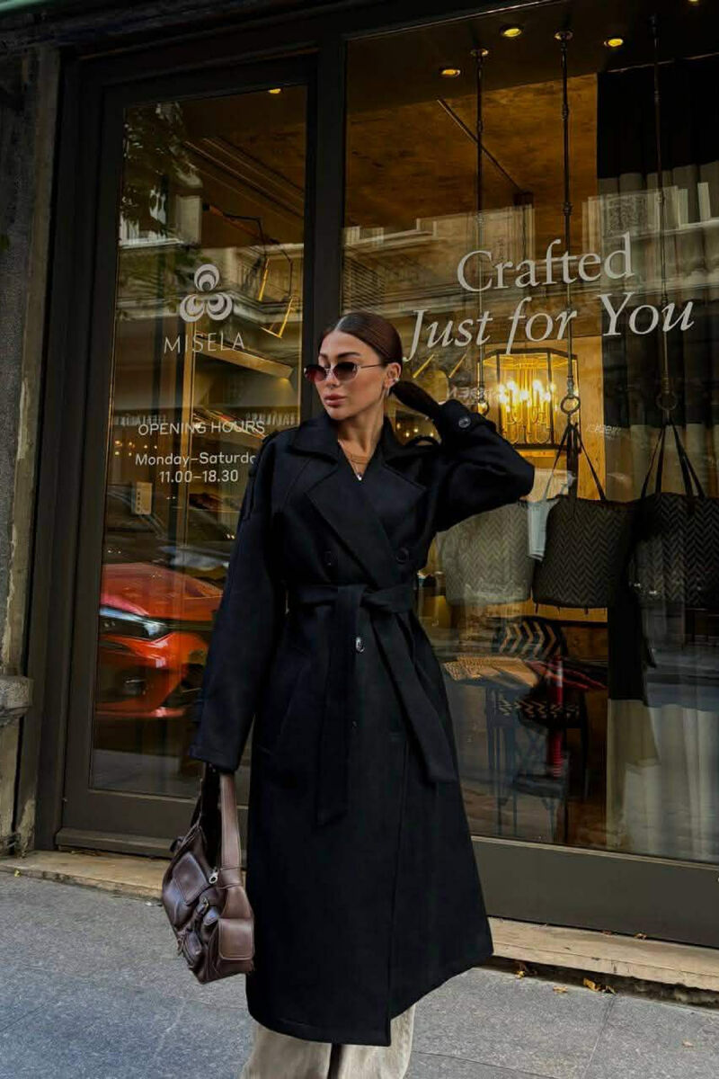 ONE COLOR SUEDE LONG WOMEN COAT BLACK/ E ZEZE - 3