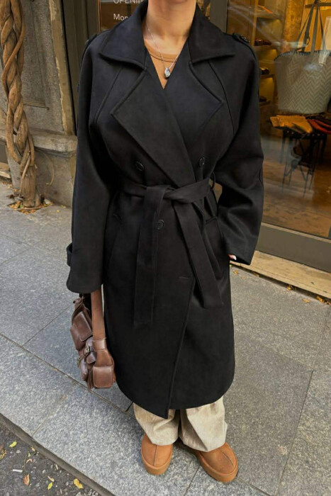 ONE COLOR SUEDE LONG WOMEN COAT BLACK/ E ZEZE - 4