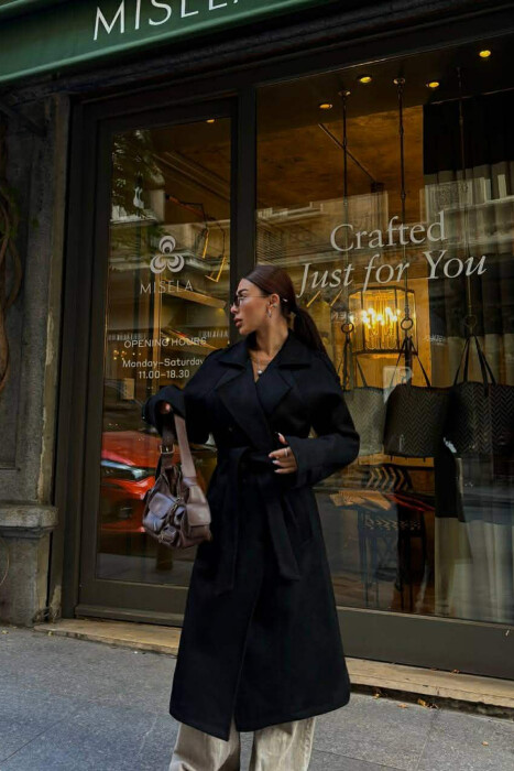 ONE COLOR SUEDE LONG WOMEN COAT BLACK/ E ZEZE - 5