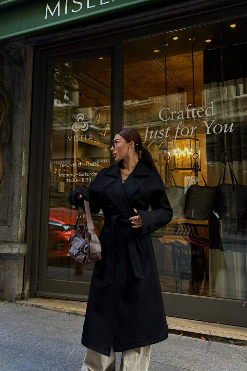 ONE COLOR SUEDE LONG WOMEN COAT BLACK/ E ZEZE - 5