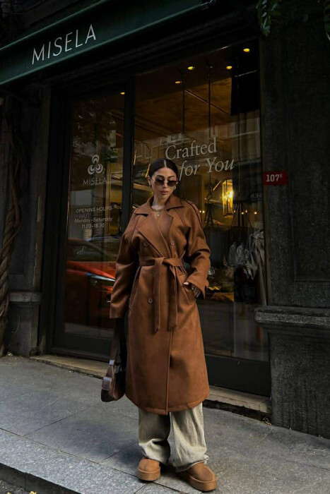 ONE COLOR SUEDE LONG WOMEN COAT BROWN/KAFE 