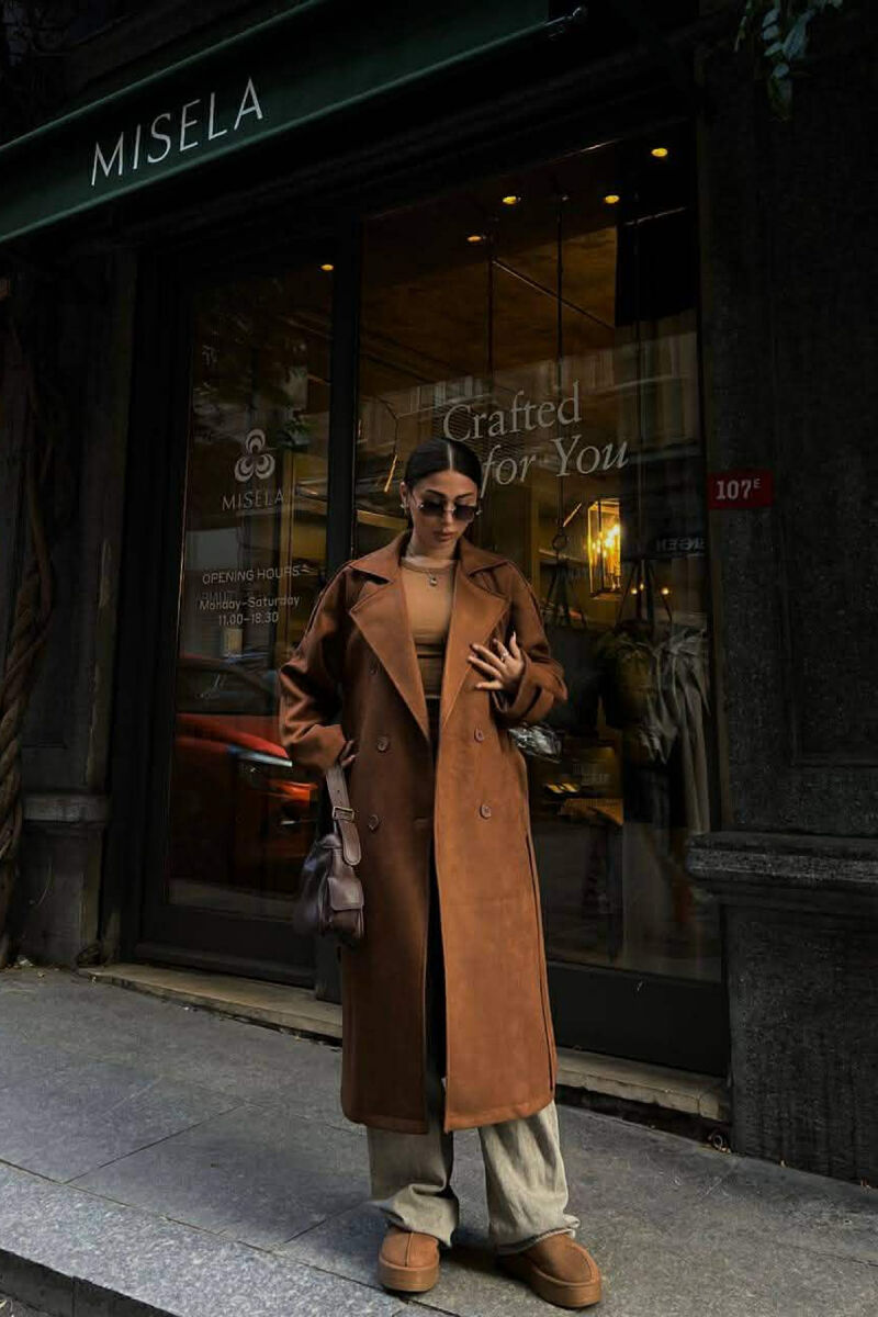 ONE COLOR SUEDE LONG WOMEN COAT BROWN/KAFE - 2