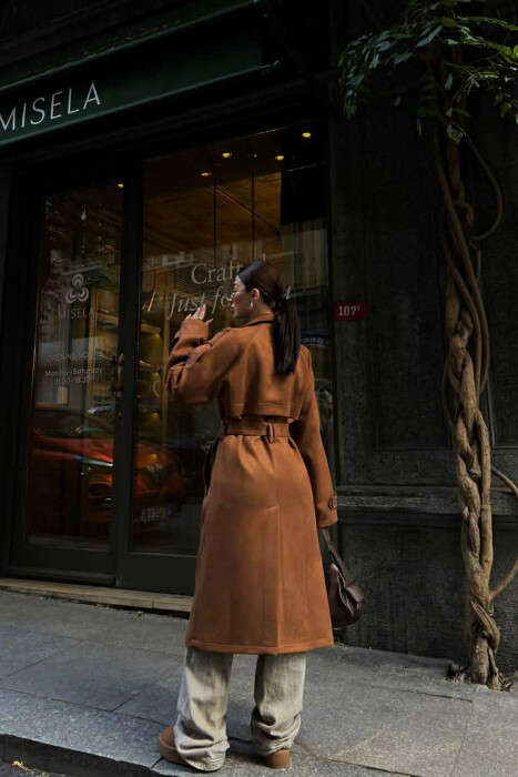 ONE COLOR SUEDE LONG WOMEN COAT BROWN/KAFE - 3