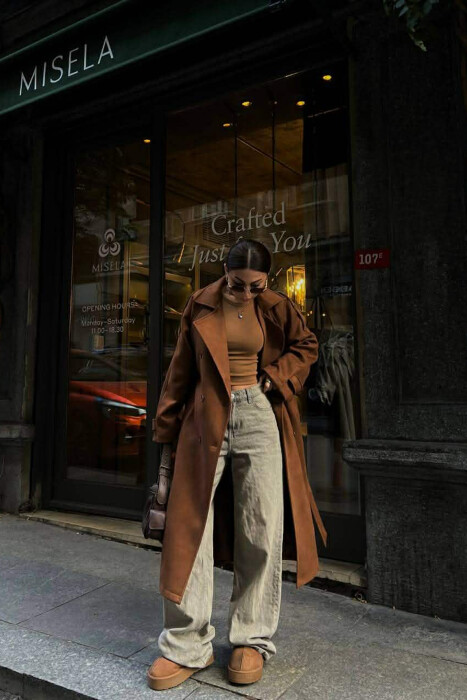 ONE COLOR SUEDE LONG WOMEN COAT BROWN/KAFE - 4