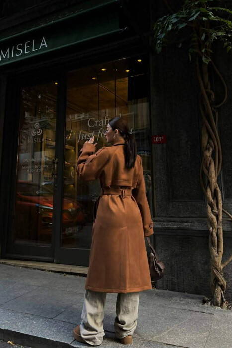 ONE COLOR SUEDE LONG WOMEN COAT BROWN/KAFE - 5