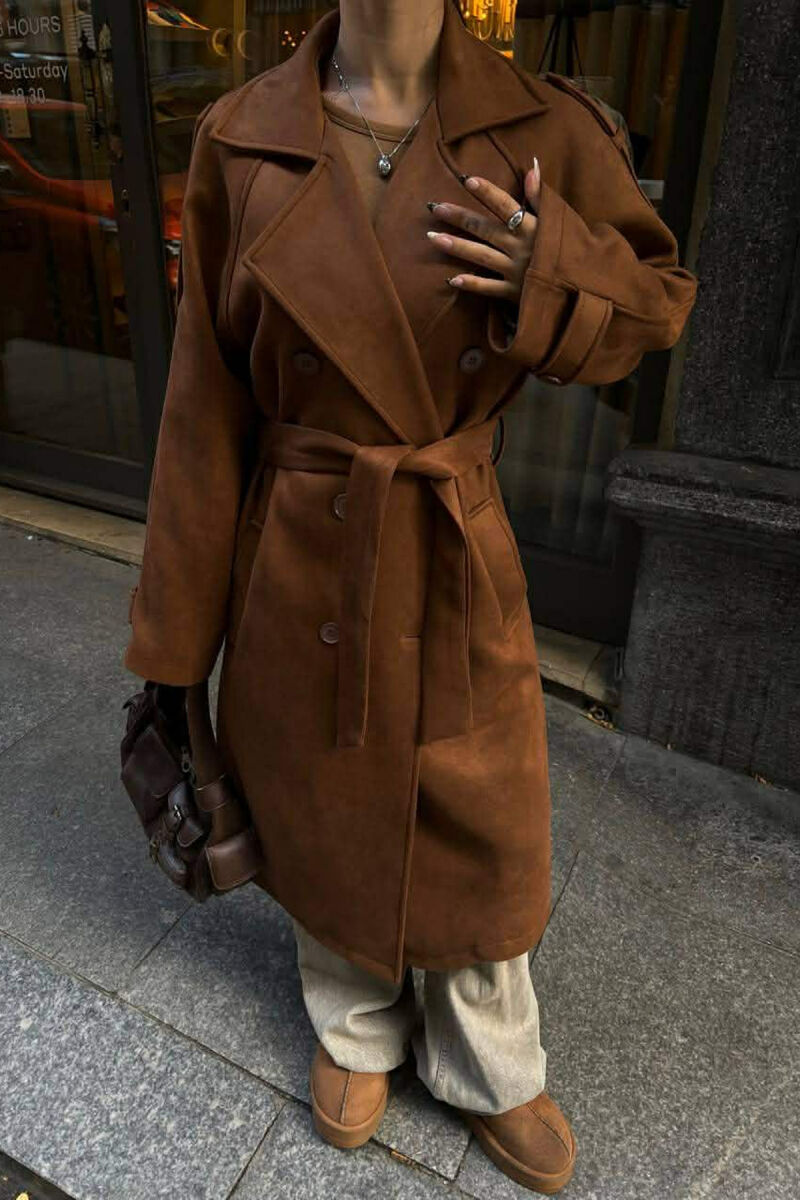 ONE COLOR SUEDE LONG WOMEN COAT BROWN/KAFE - 6