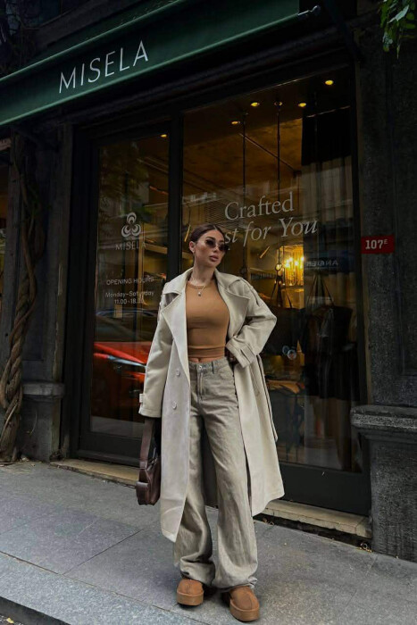 ONE COLOR SUEDE LONG WOMEN COAT CREAM/KREM - 1