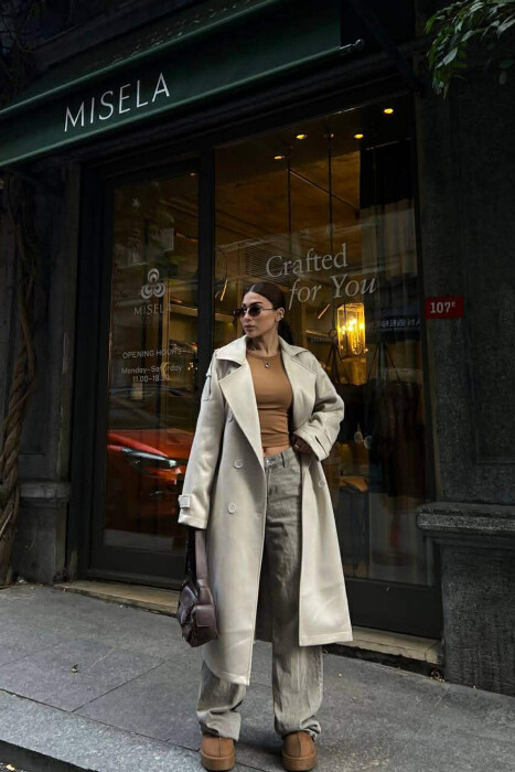 ONE COLOR SUEDE LONG WOMEN COAT CREAM/KREM - 2