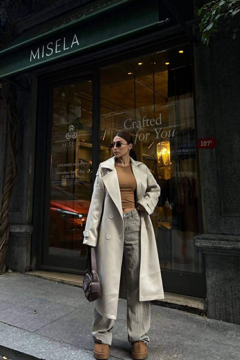 ONE COLOR SUEDE LONG WOMEN COAT CREAM/KREM - 2