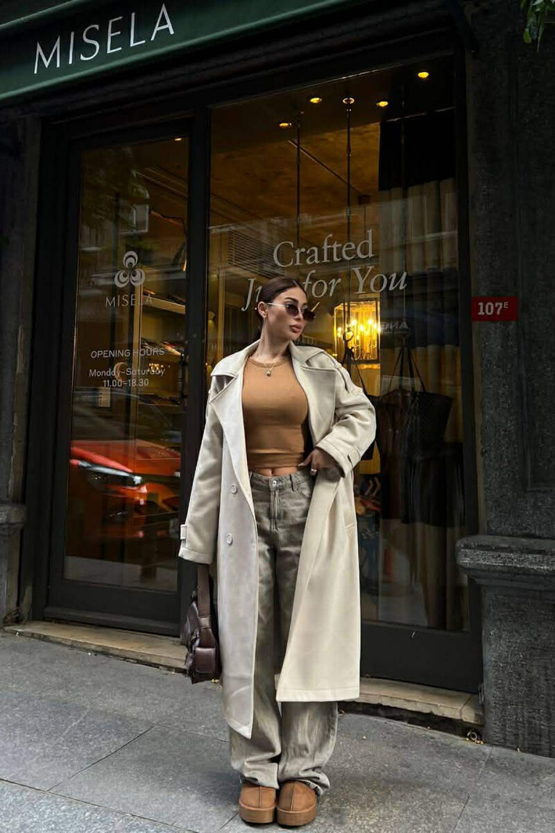 ONE COLOR SUEDE LONG WOMEN COAT CREAM/KREM - 3