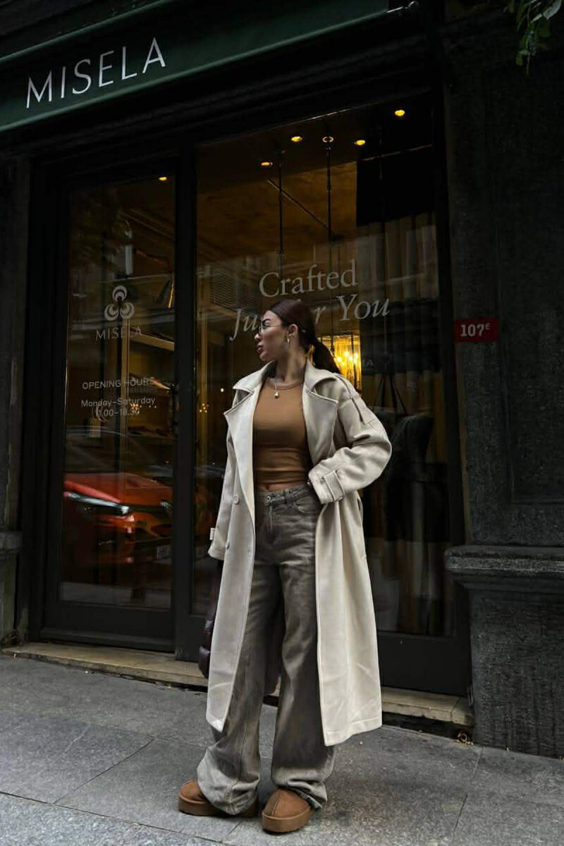 ONE COLOR SUEDE LONG WOMEN COAT CREAM/KREM - 4