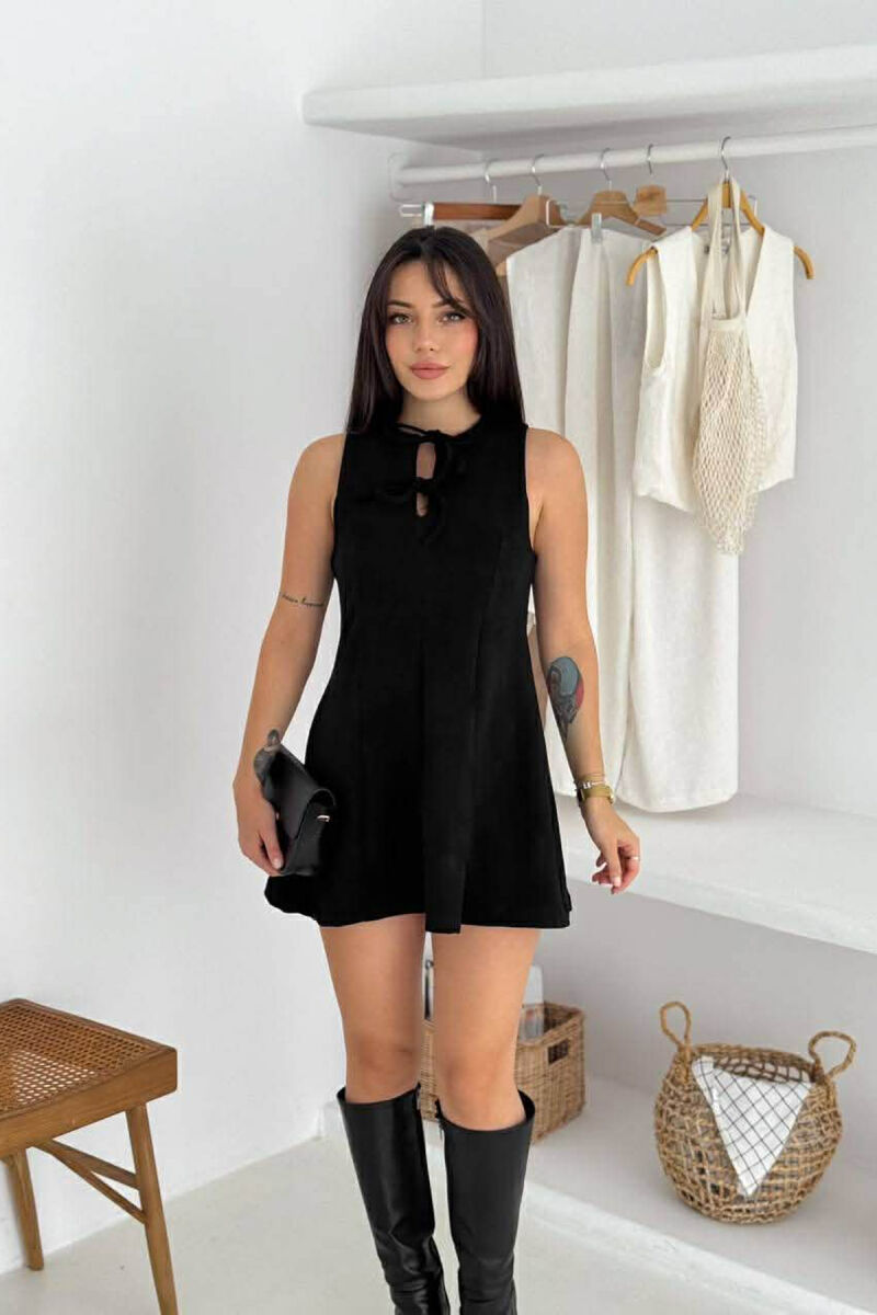 ONE COLOR SUEDE SHORT SLEEVELESS WOMEN DRESS BLACK/ E ZEZE - 1