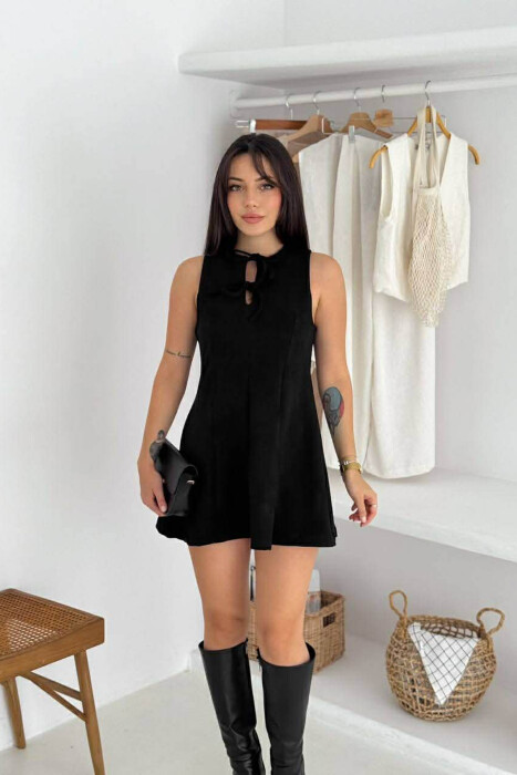 ONE COLOR SUEDE SHORT SLEEVELESS WOMEN DRESS BLACK/ E ZEZE - KLAUDIO FASHION