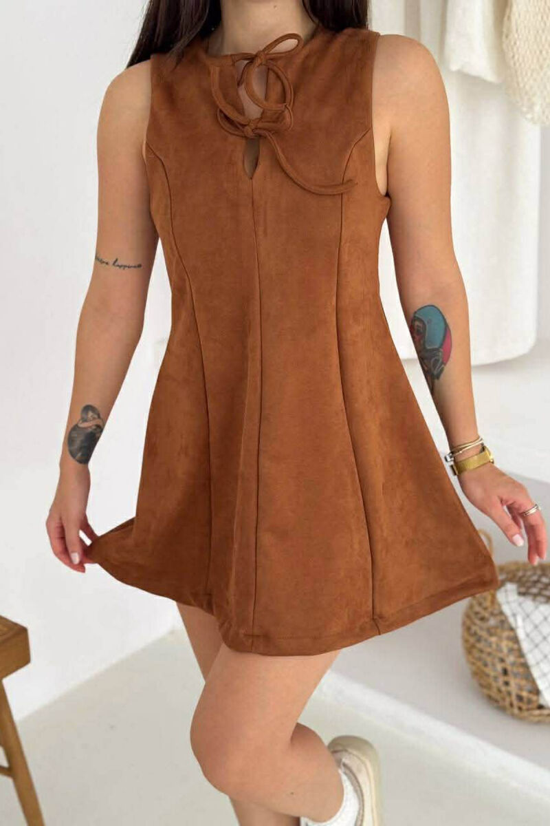 ONE COLOR SUEDE SHORT SLEEVELESS WOMEN DRESS BROWN/KAFE - 4