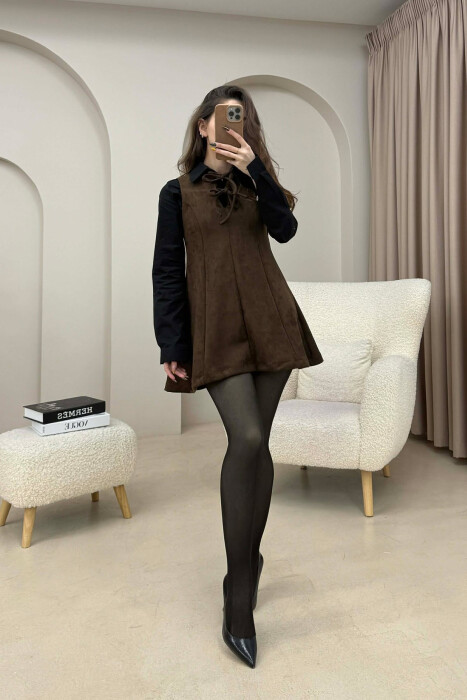 ONE COLOR SUEDE SHORT SLEEVELESS WOMEN DRESS DARK BROWN/KAE - KLAUDIO FASHION